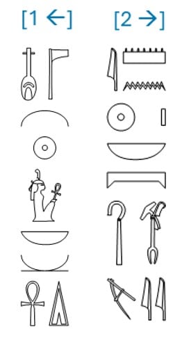Transcription en hi&eacute;roglyphes du texte en colonnes d'une plaquette qui &eacute;tait attach&eacute;e &agrave; un &eacute;tui contenant des rouleaux de papyrus, plaquette en forme de st&egrave;le cintr&eacute;e et au nom du pharaon Am&eacute;nophis III.