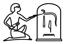 Logo du site Passion Egypte montrant un scribe assis devant une stèle cintrée et gravée de hiéroglyphes. Le scribe pointe avec son calame, l'un des signes hiéroglyphiques.