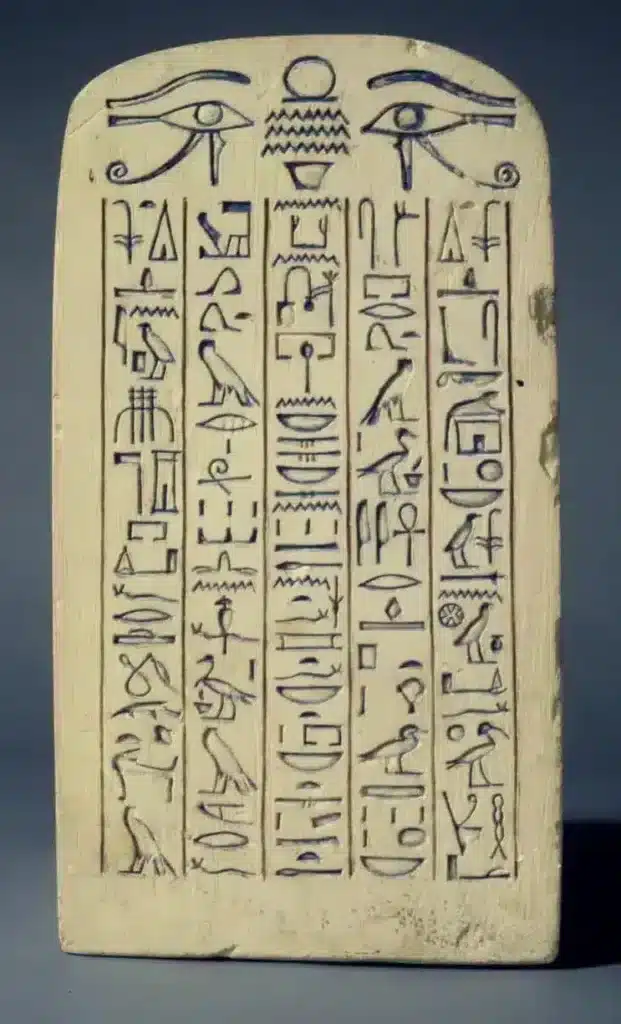 Photo du dos d'un groupe statuaire du couple Nebsen et Nebet-ta, assis. La forme de l'arri&egrave;re de la statue repr&eacute;sente une st&egrave;le cintr&eacute;e, grav&eacute;e de hi&eacute;roglyphes sur 5 colonnes.